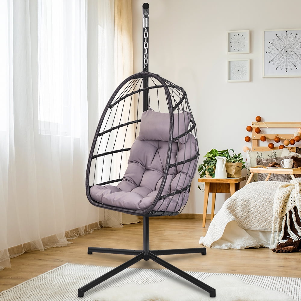 Swing Egg Chair with Stand Indoor Outdoor Wicker Rattan Patio Basket Hanging Chair with UV Resistant Cushions 350lbs Capaticy for Bedroom Balcony Patio Cream 