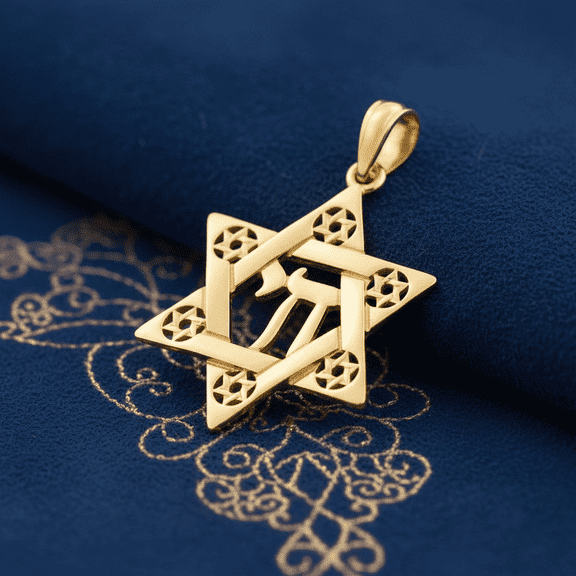 Vinali 14K Solid Yellow Gold Unisex Jewish Star of David Chai Pendant