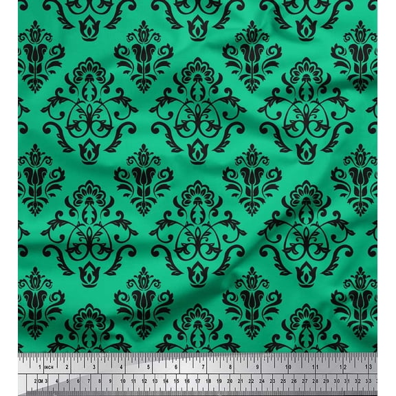 Soimoi Green Cotton Duck Fabric Flourish Damask Print Fabric by the Yard 44 Inch Wide