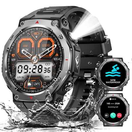 Cyberdyer KT85 Smartwatch for Man with Flashlight, 5ATM Waterproof Smart Watch with Wireless Calling, 1.43’’ AMOLED Screen Watch Compatible with iOS & Android, 1pc