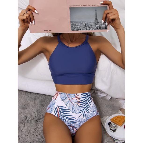 2023 Bikini de cintura alta para mujer, traje de baño de cuello alto, traje de baño estampado, ropa de playa acolchada para mujer, traje de baño Tan Jianjun unisex