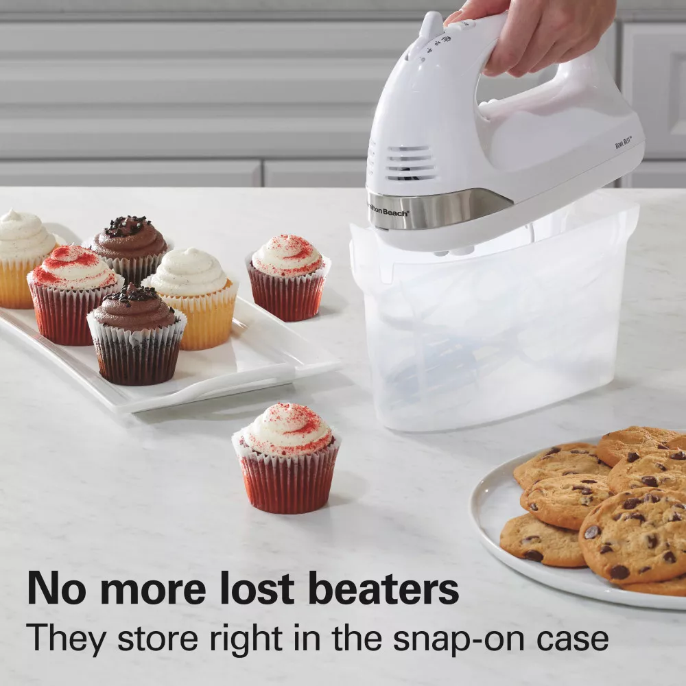 Hamilton Beach 6 Speed Hand Mixer Snap-On Case White 62629: Handheld Mixer for Kitchen, 275W, Dishwasher-Safe Parts