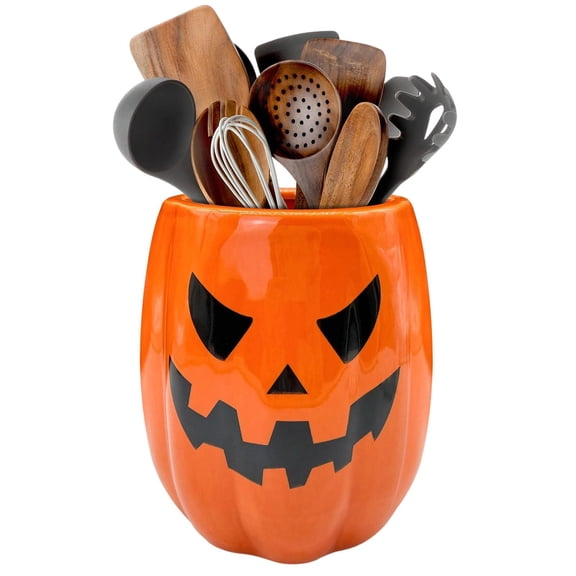 Utensil Holder Ceramic Evil Pumpkin Jack O Lantern 1 Piece for Halloween Kitchen Counter Decor