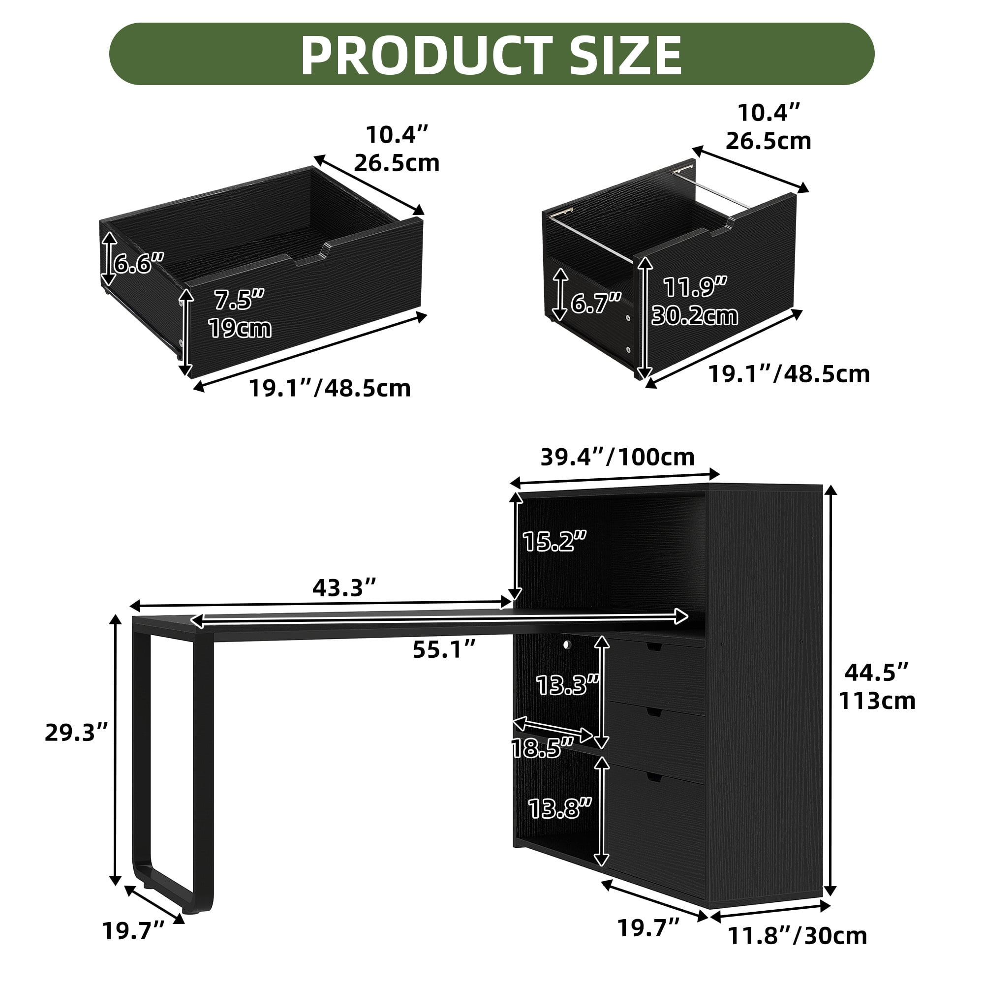 Uforic  55" Corner L Shaped Desk with Power Outlets & LED Lights & File Cabinet, 3 Drawers & 3 Storage Shelves, Home Office Desk with Bookshelf, Black