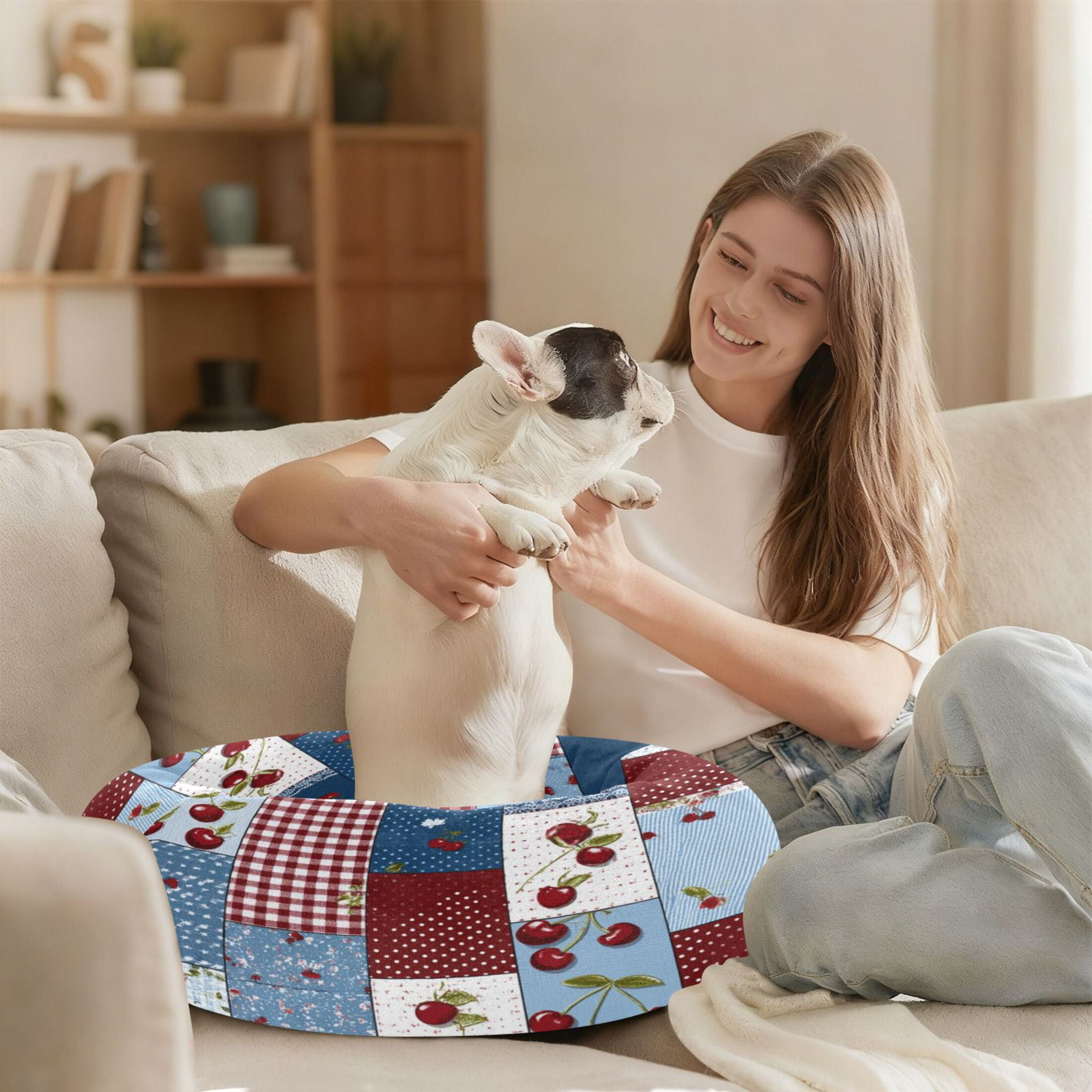 Iauyy Pet Couch Donut Cat Bed for Indoor Cats/Small Dogs Washable & Machine with Non-slip Bottom Calming Cat Furniture, Cherry Pattern (M)