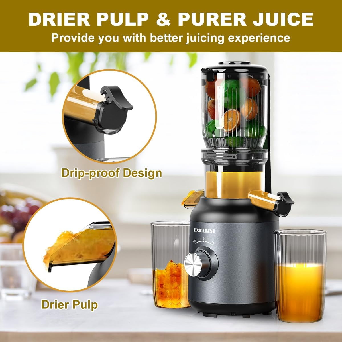 Cold Press Juicer with 4.2 Inch Feed Chute, 250W Masticating Slow  Extractor for Whole Fruit and Vegetable,  Easy Clean