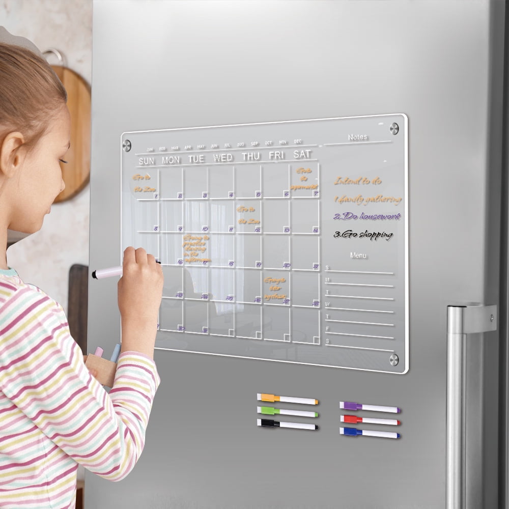 Magnetic Acrylic Calendar for Fridge, Transparent Dry Erase Board Monthly & Weekly Calendar for Refrigerator Reusable Plan Board, Including 6 Dry Erase Markers