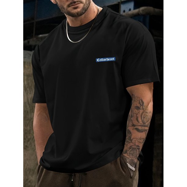 Camiseta de manga corta con cuello redondo para hombre, informal, cómoda y ligera, con estampado geométrico azul sencillo y letra "Ellorheart".