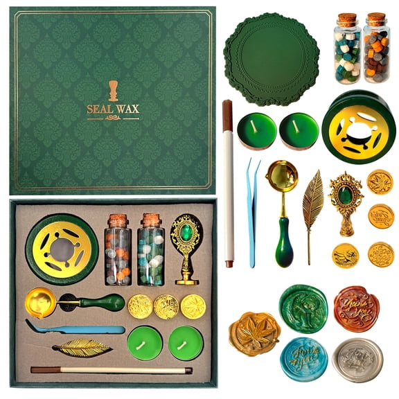 Vintage Wax Seal Stamp Kit with Gift Box, 4 Stamps, Wax Beads, Wooden Warmer, Candles, Metallic Pen, for DIY Crafts Invitation Cards Decoration