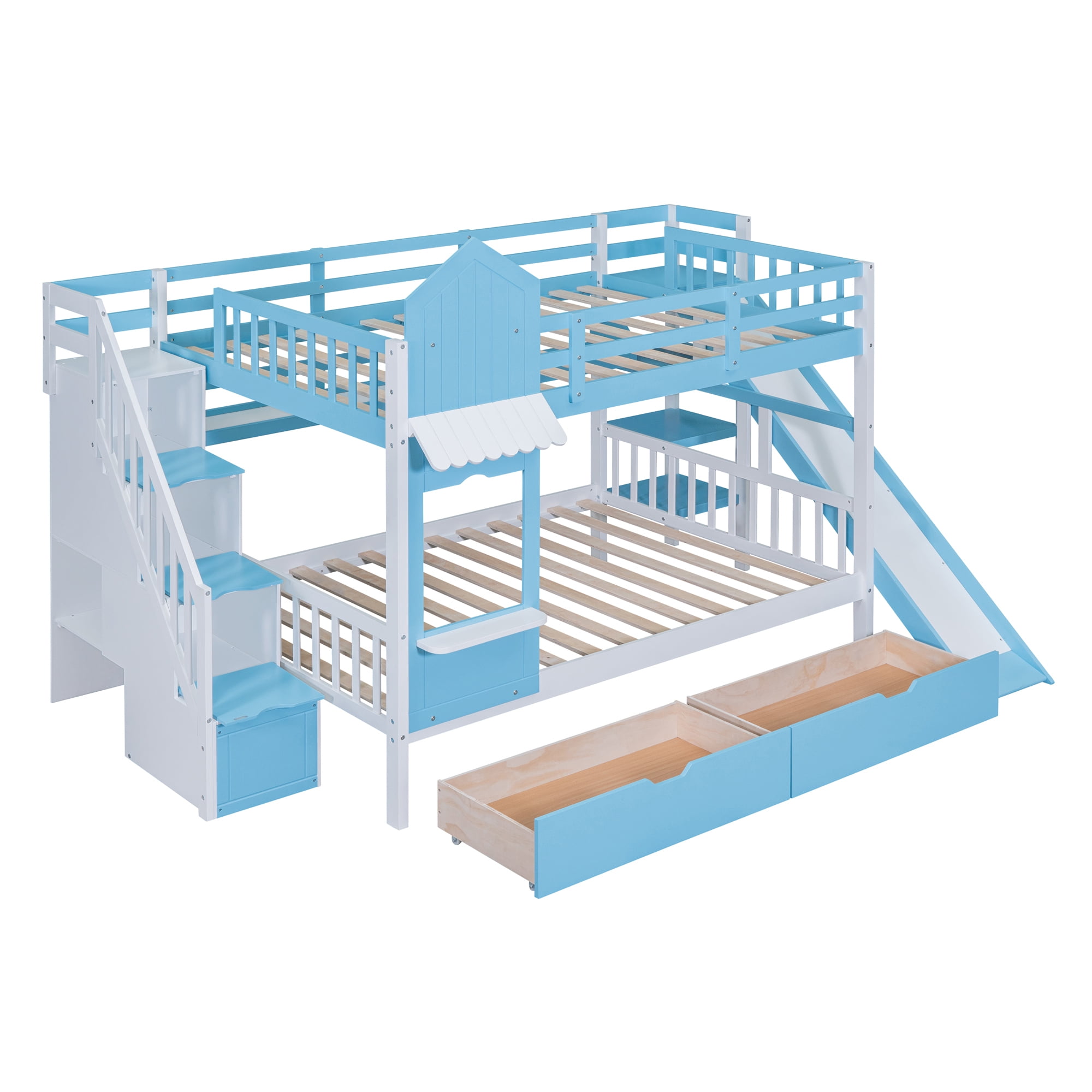 Full over Full Bunk Bed for Kids, Castle Style Bunk Beds with 2 Drawers, Slide and Storage Shelves, Solid Wood Bunk Bed Frame for Kids Girls Boys Teens