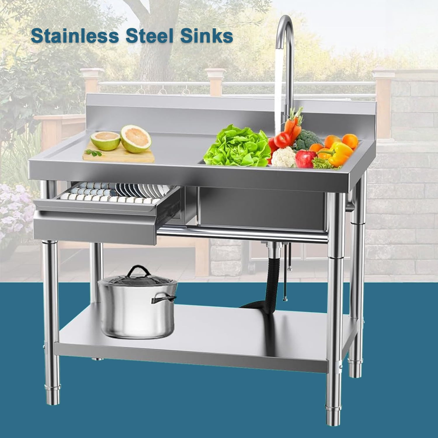 Stainless Steel Utility Sink Commercial Kitchen Sink 40'' Free Standing Tool Sink with Drawer & Cold and Hot Water Pipe for Kitchen Laundry Room Depot Indoor and Outdoor