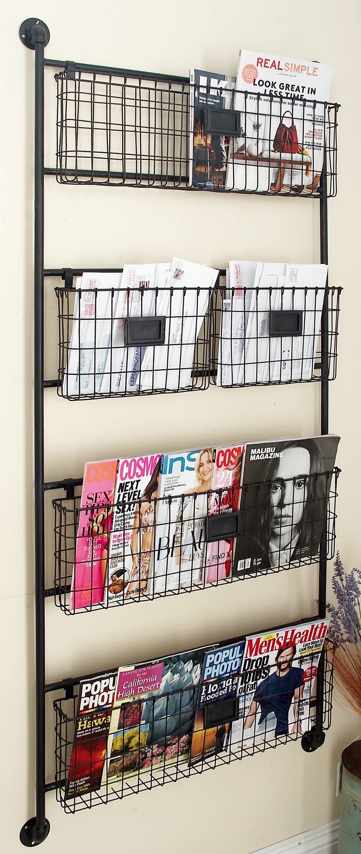 Decmode Large Black Metal Basket Wall Rack, 27" x 61"
