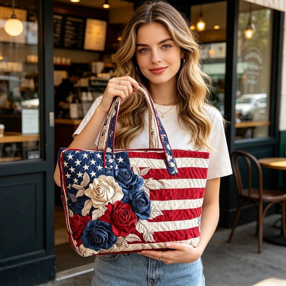 America 250th Anniversary Quilted Tote Bag Patriotic Large Capacity Shoulder Bag