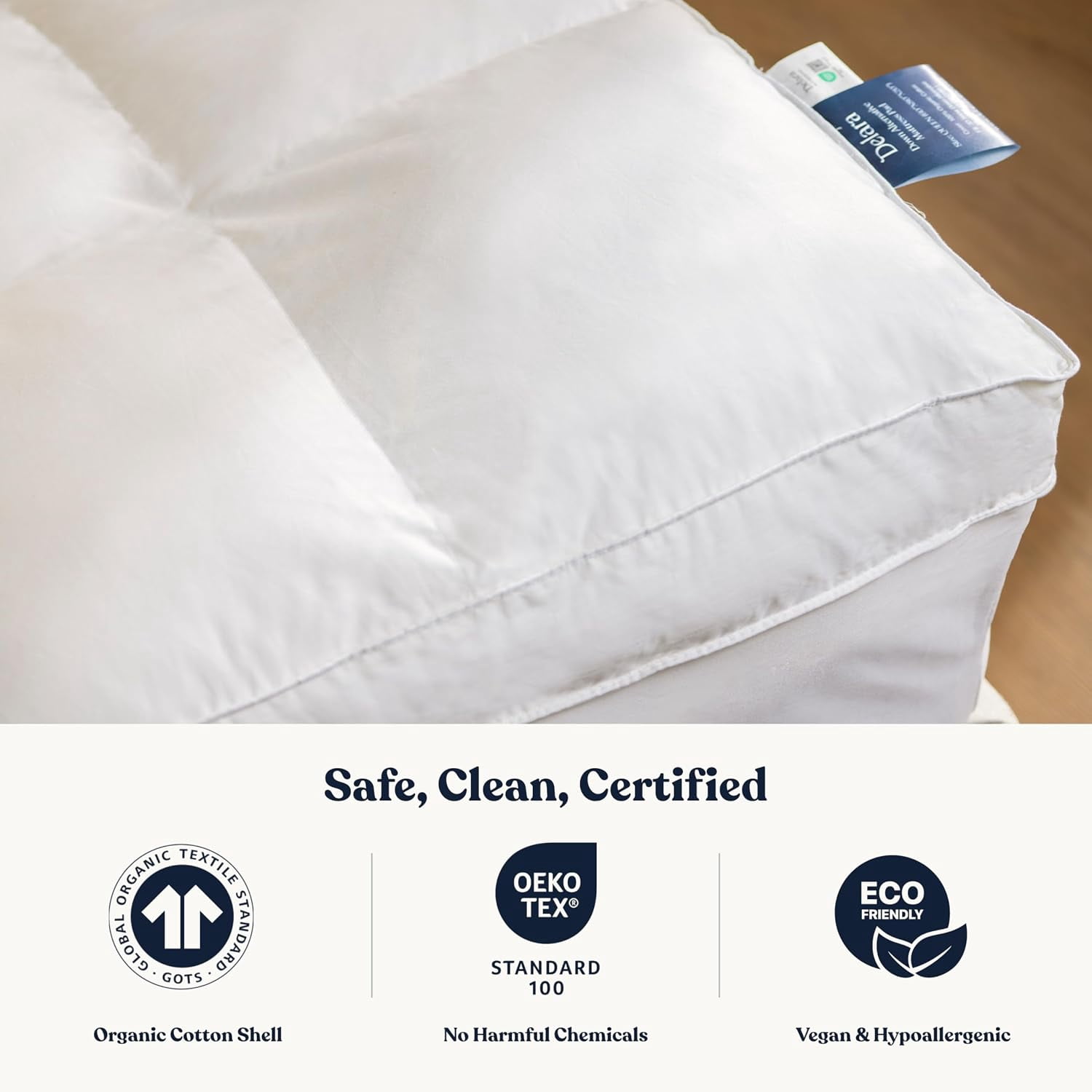 Delara Extra Plush Down Alternative Mattress Pad, 1350 GSM Snow Microfiber Fill, GOTS Certified Organic Cotton Shell, Baffle Box, Hypoallergenic, Vegan, Not Waterproof, 20" Deep Pocket - King 78"×80"