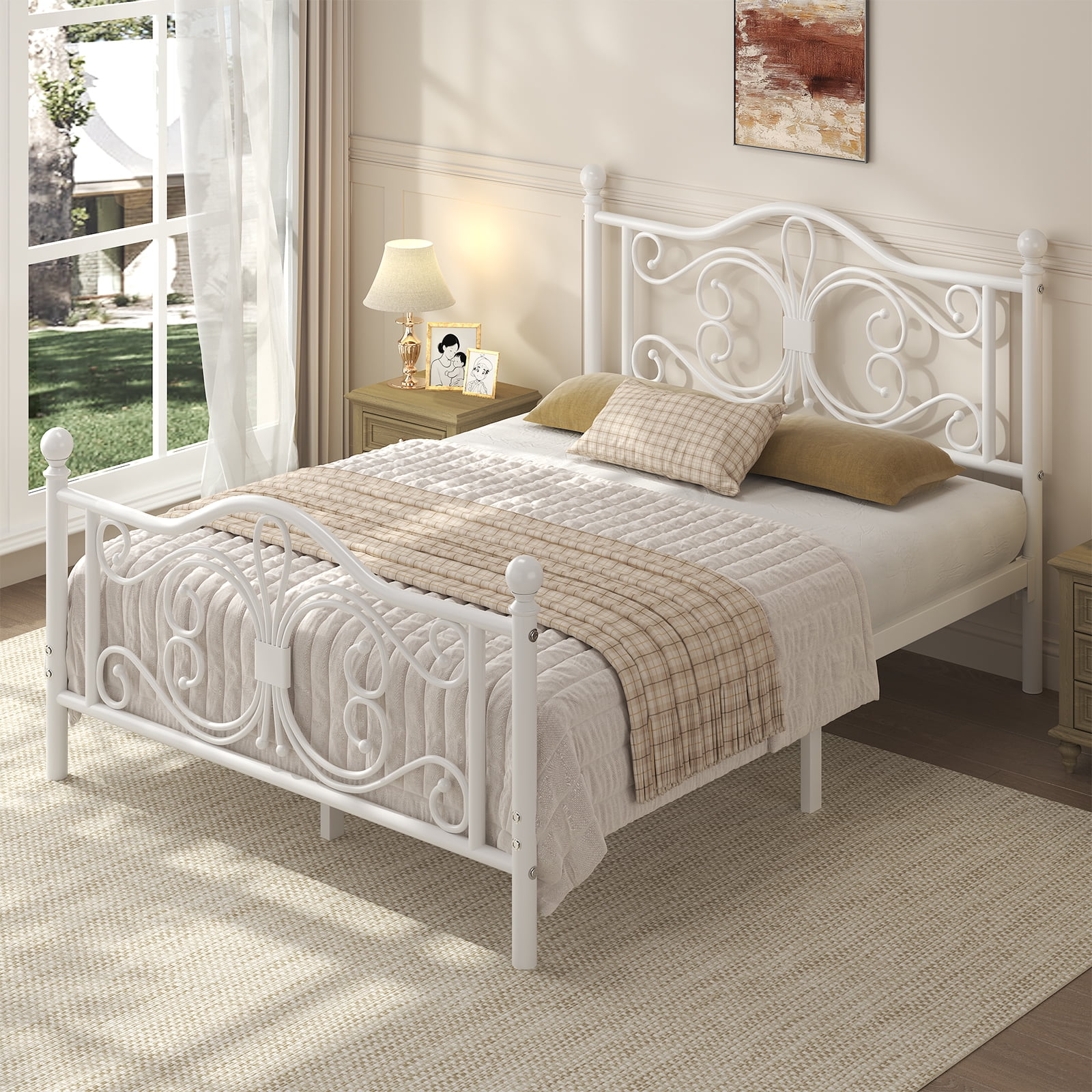 EBERY Full Size Metal Bed Frame with Butterfly Pattern Design Headboard & Footboard, Underbed Storage, White