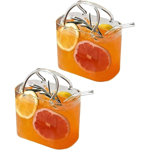 2Pcs Glass Purse For Drinks,Set of 2 Handcrafted Drinking Glasses with Straws, Straw Cup Gift Bags Wine Cup Bag Shape With For Home Bar Decor