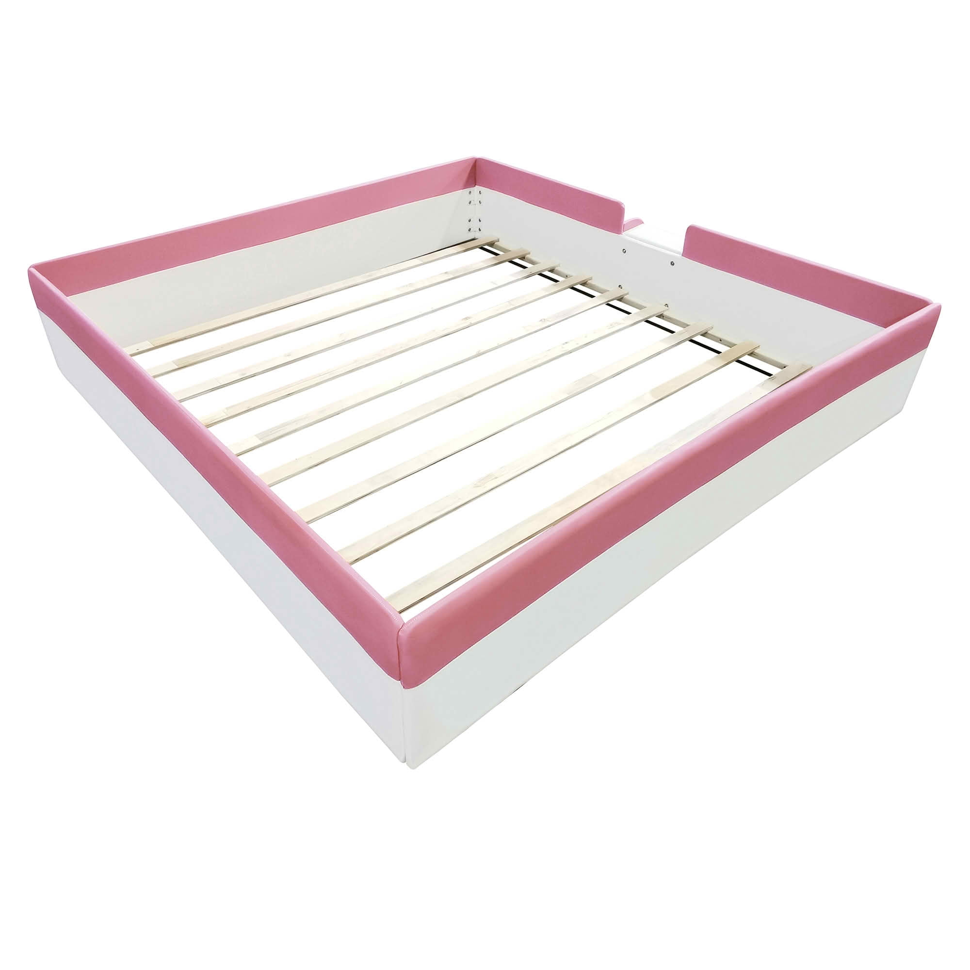 MAYEERTY Upholstered Floor Bed Frame with Fence & Staircase Design, Sturdy Slat Support & Easy Assembly