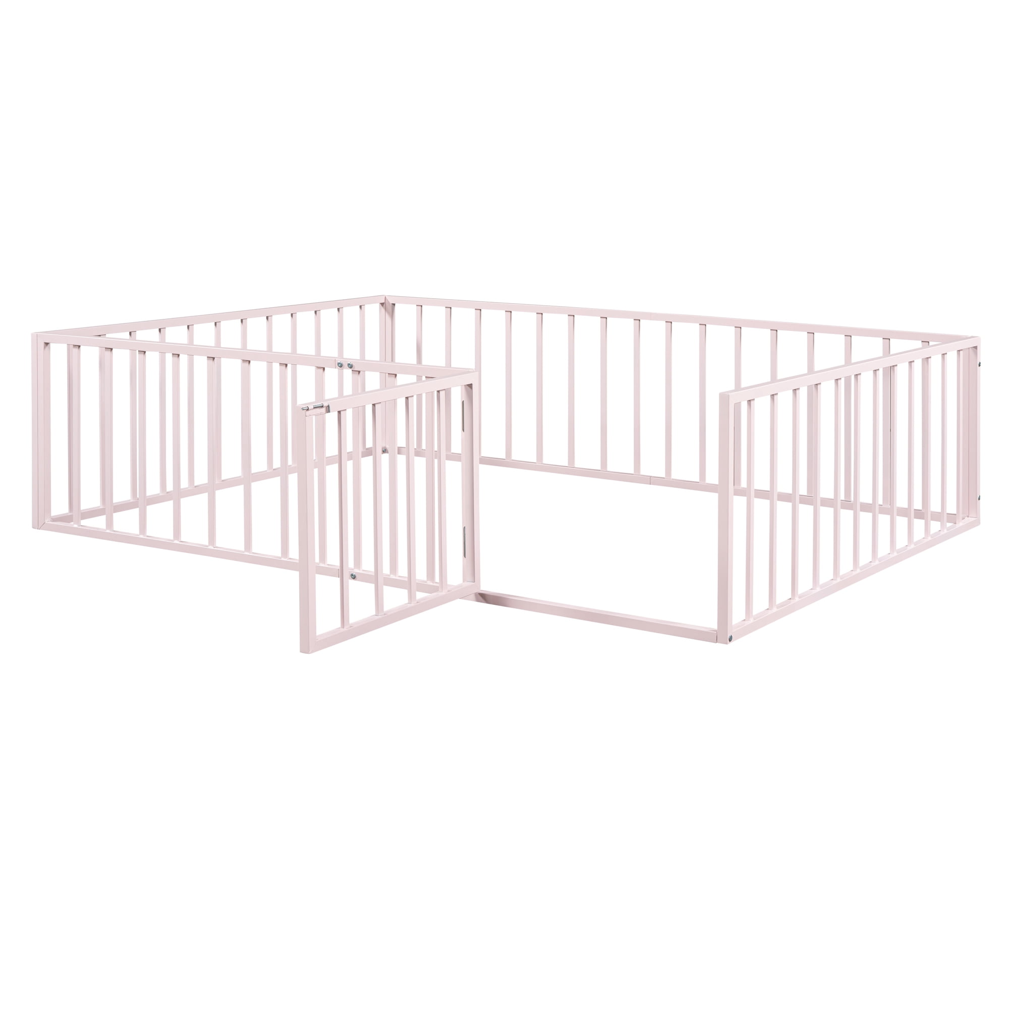 Queen Size Floor Bed with Fence and Door, Low Profile Metal Montessori Bed Frame with Slats Supports,Easy Assembly, No Box Spring Needed,Pink