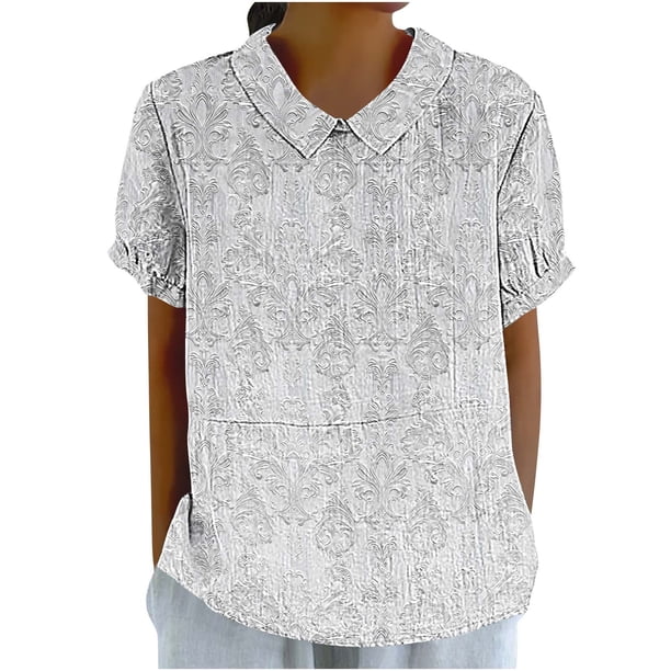 Tops de Manga Corta para las Mujeres Suelto Ajuste Casual Cortado Manga Corta Blusa de Impresión, Camisa Suelta de Cuello Redondo de Poliéster, Lavado a Mano Primavera Verano