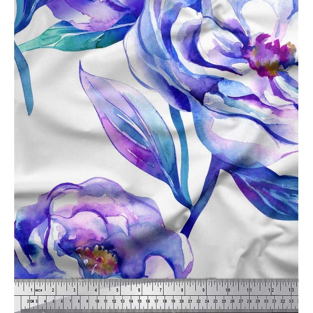 Soimoi Purple Cotton Duck Fabric Leaves & Floral Printed Fabric 1 Yard 42 Inch Wide