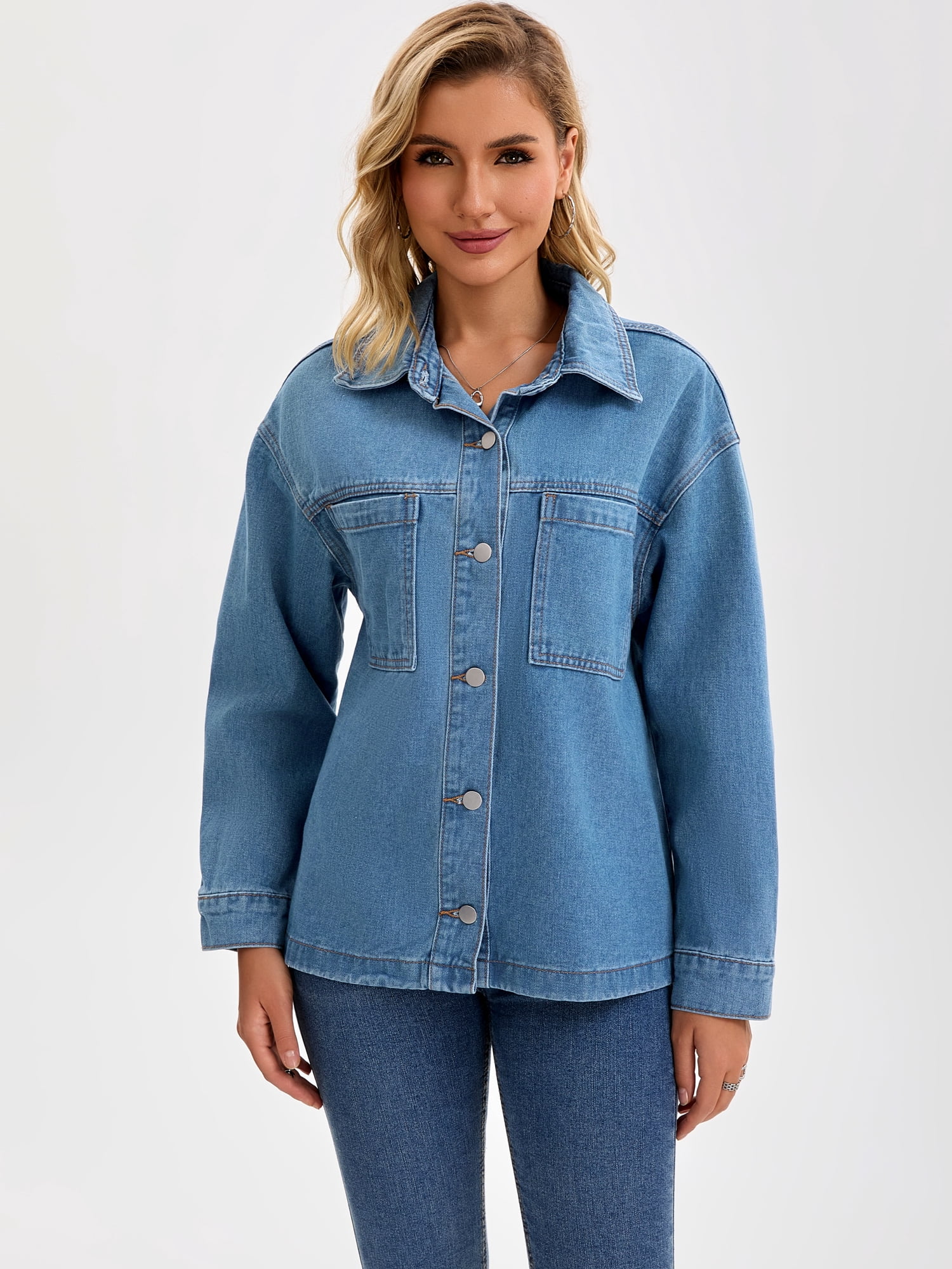 DARING DIVA Women's Oversized Patch Pocket Fall Utility Jean Jackets M Blue