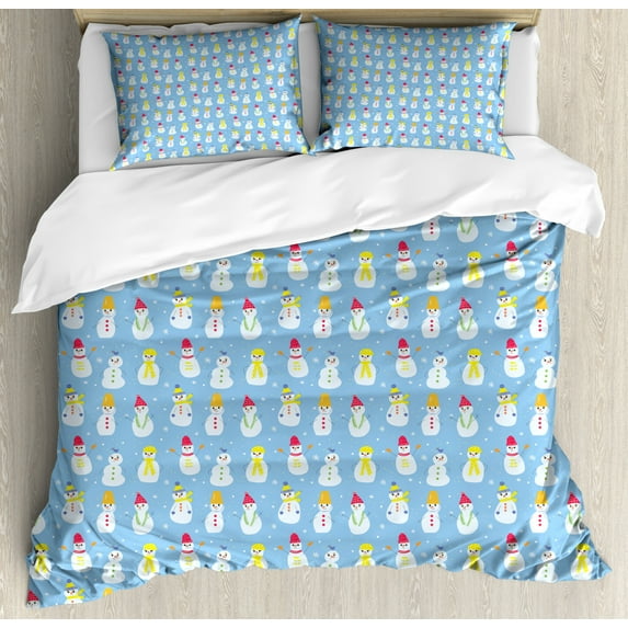 Snowman Duvet Cover Set Queen Size, Snow Made Silhouettes with Colorful Winter Accessories Funny Design, Decorative 3 Piece Bedding Set with 2 Pillow Shams, Pale Blue and Multicolor, by Ambesonne