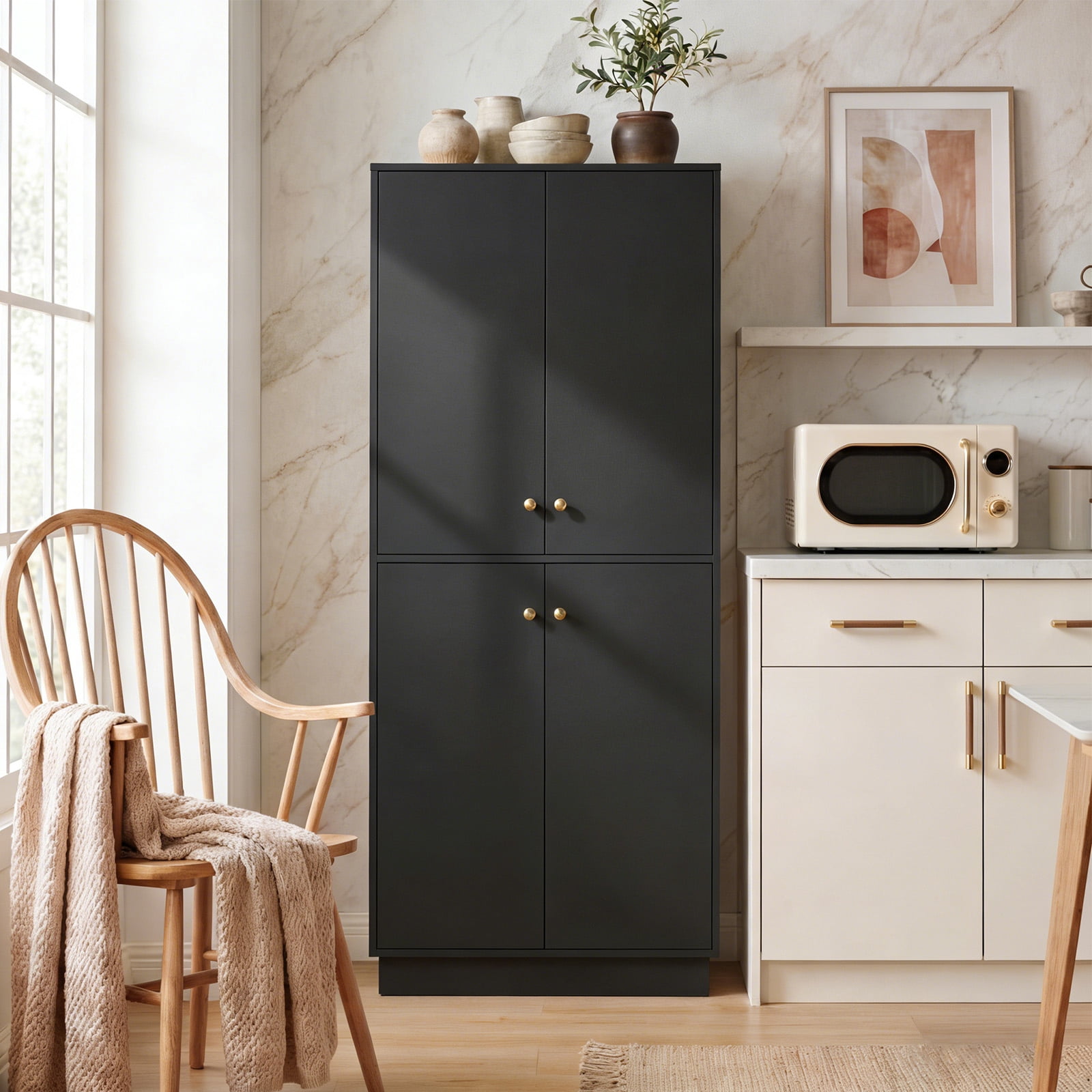 Garvee 67.3" Tall Pantry Cabinet, 4-Door Kitchen Food Storage Cabinet with Adjustable Shelves, Freestanding Pantry Cupboard Organizer for Dining Room, Living Room, Utility Room, Black