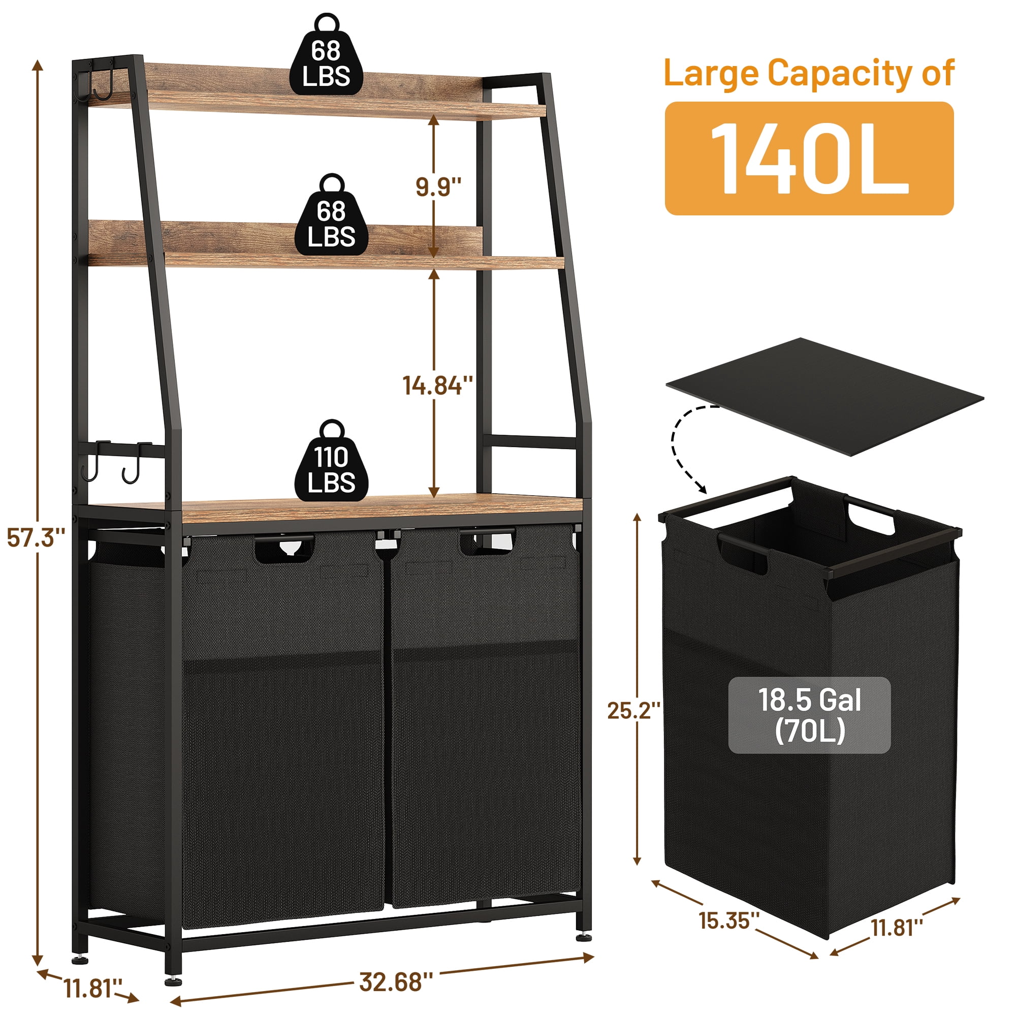 Laintene 2-Section Laundry Hamper – 170L Freestanding Laundry Sorter with 3 Shelves, 4 Hooks & Removable Washable Bags – Space-Saving Laundry Organizer for Bathroom, Dorm, or Bedroom