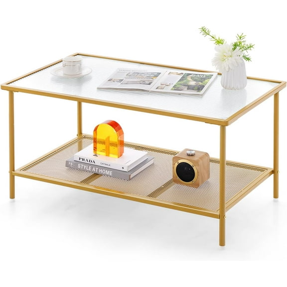 CRXX 2-Tier Modern Coffee Table, 35.5”L Rectangular Tea Table with Tempered Glass Top, Storage Shelf & Metal Frame, Center Table for Living Room & Reception Room, Gold