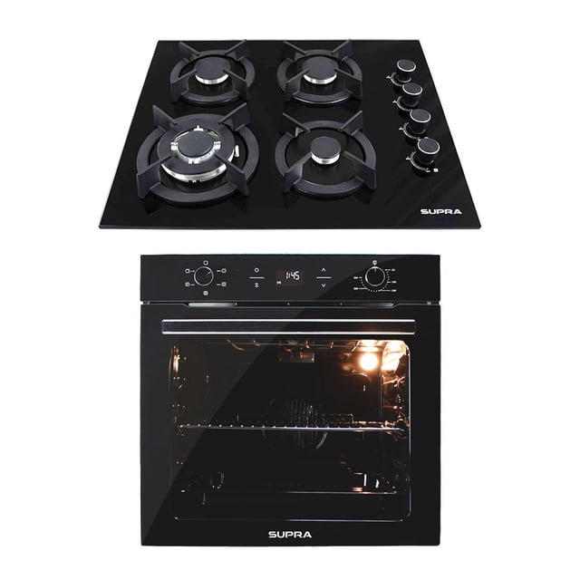 Combo FIAMMA SUPRA Horno Eléctrico Empotrable Pomelo 110 V y Parrilla a Gas 4 Quemadores 60 cm Cristal Templado Negro