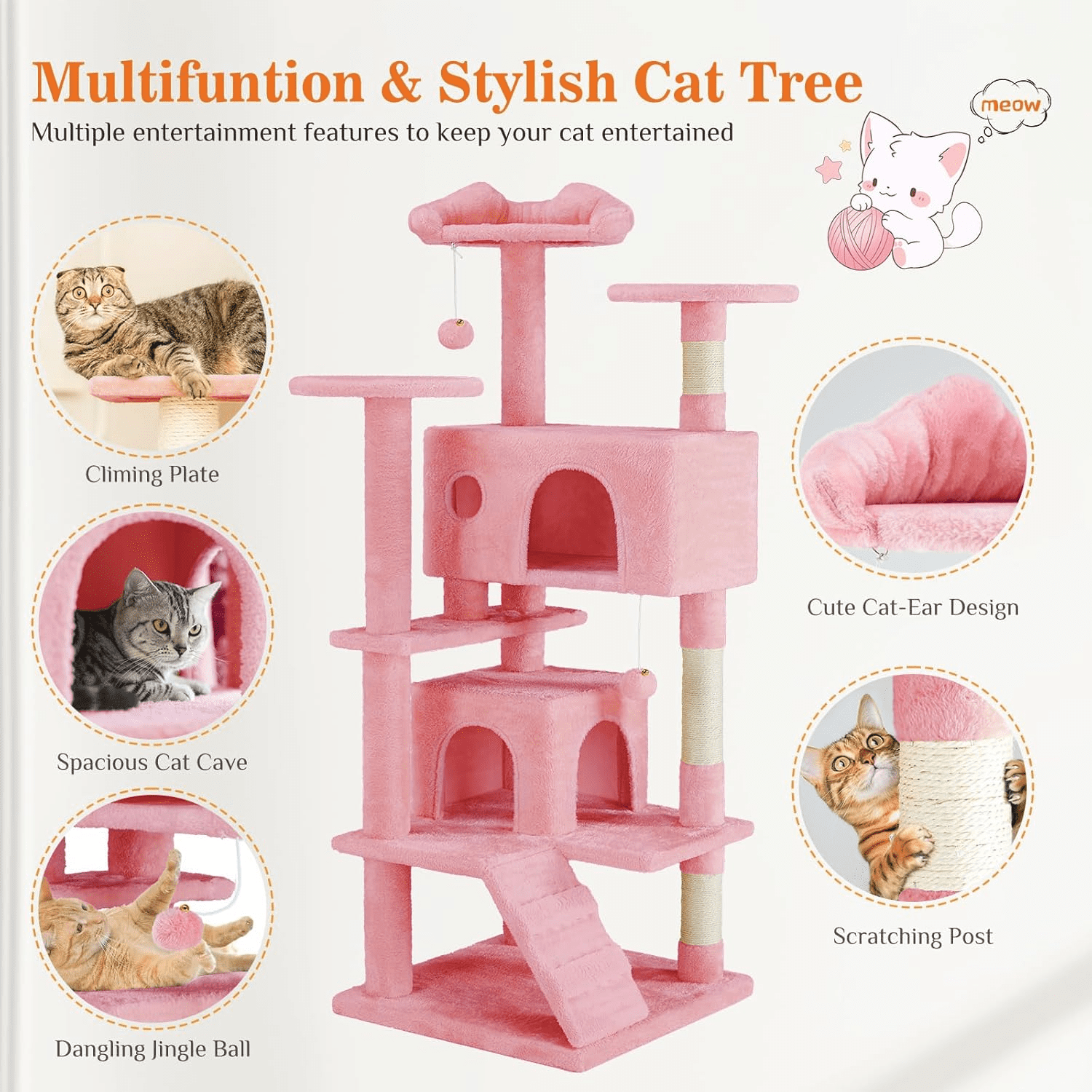 MAYEERTY 54" Cat Tree Tower Multi-Level Sisal Grab Post Indoor Apartment Ladder Plush Toys