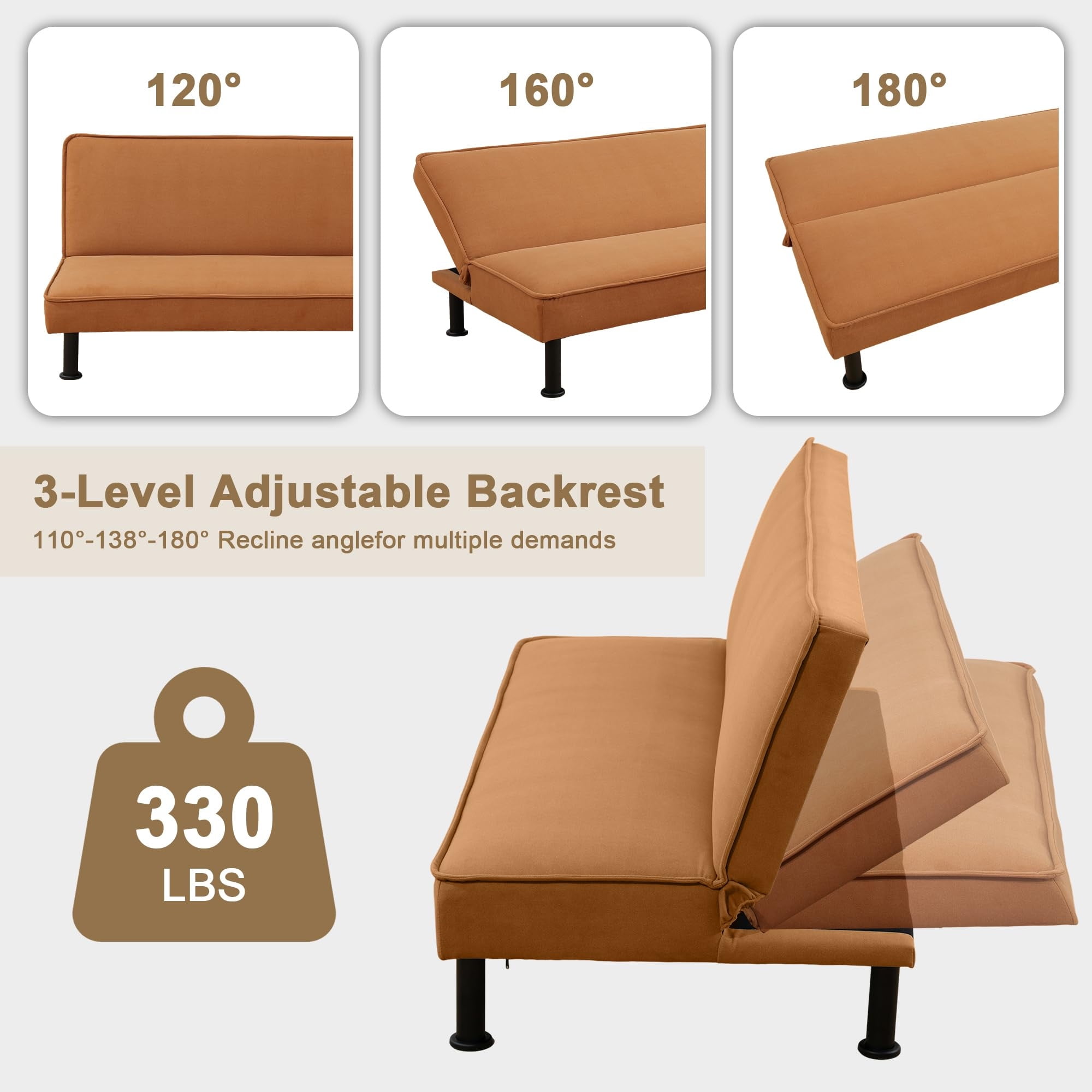 Aukfa Modern Futon Convertible Sofa Bed for Home Office, Adjustable Backrest, Flannel, Orange