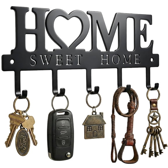 Entryway Wall Key Holder with 5 Hooks, Metal Key Rack Wall Mount for Keys, Bags and Leashes, Decorative Organizer for Entryway, Mudroom or Hallway, Sweet Home Design, 9.8 inches