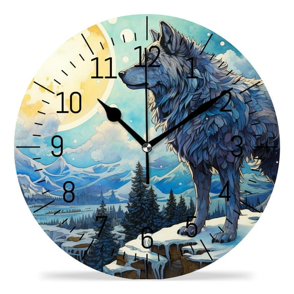 14 Inch Wall Clock Battery Operated Silent Clock Decorative for Office, Kitchen, Outdoor, Living Room,Wolf Tree Moon Starry Picture