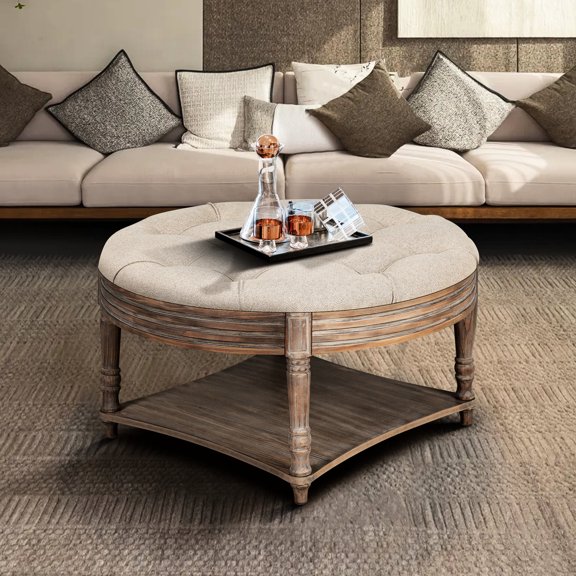 Linen - Upholstered Round Ottoman | Suitable for Primary Living Space | Combine Style and Functionality