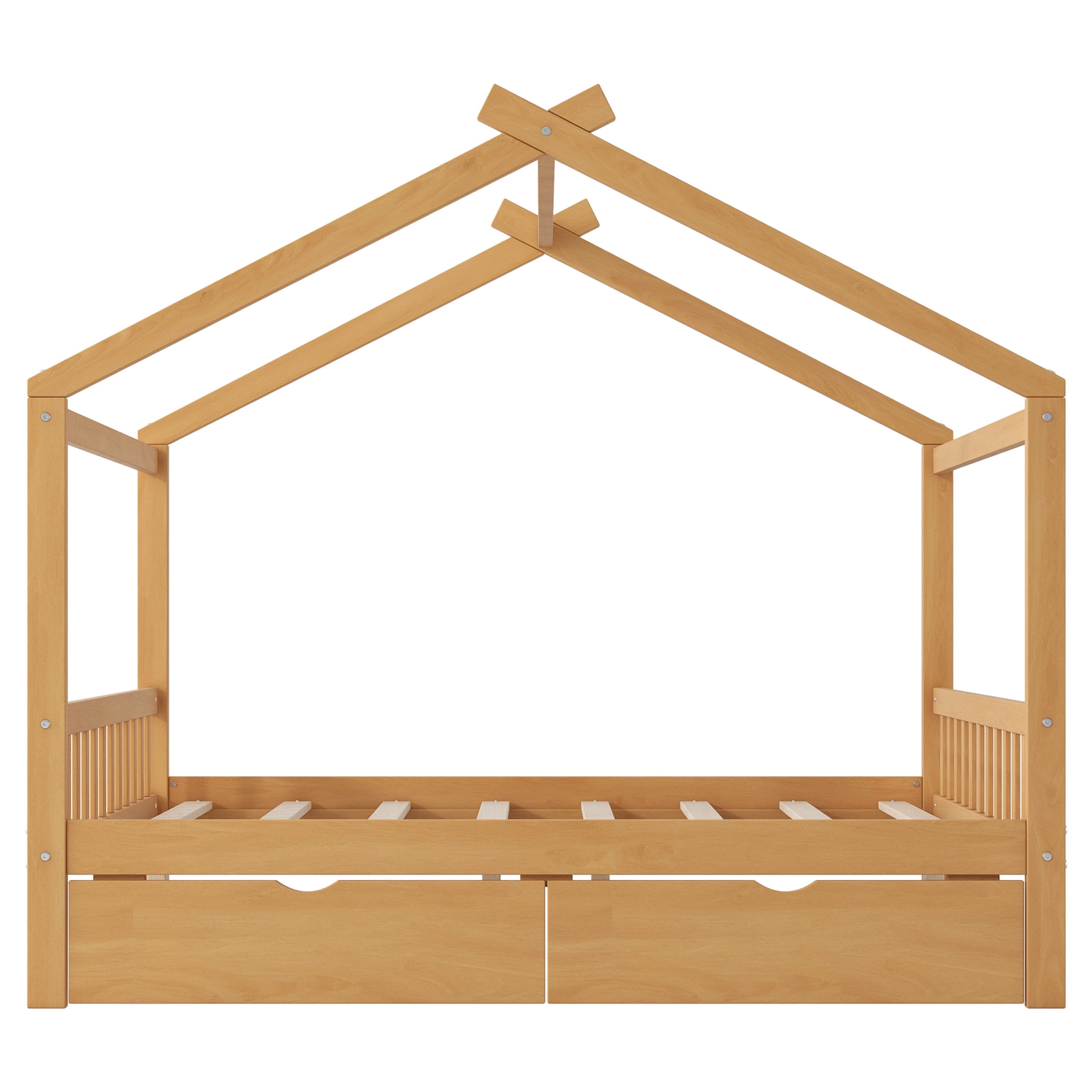 Noble House Clavell Full Size House Bed with 2 Storage Drawers, Headboard and Footboard, Playful Roof Design, Natural