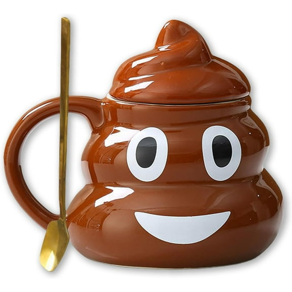 Aorsher Cartoon Smile Poop Mug Tea Coffee Cup, Ceramic Coffee Mugs with Golden Spoons, Unique Funny Ceramic Cup Set Gift for Friends