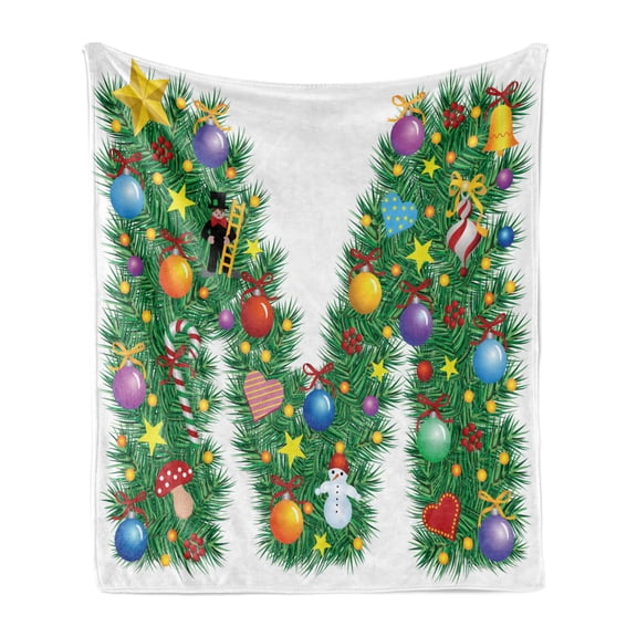 Letter M Soft Flannel Fleece Throw Blanket, Colorful on Letter M Winter Season Theme Snowman Holly Berry, Cozy Plush for Indoor and Outdoor Use, 50" x 70", Multicolor, by Ambesonne