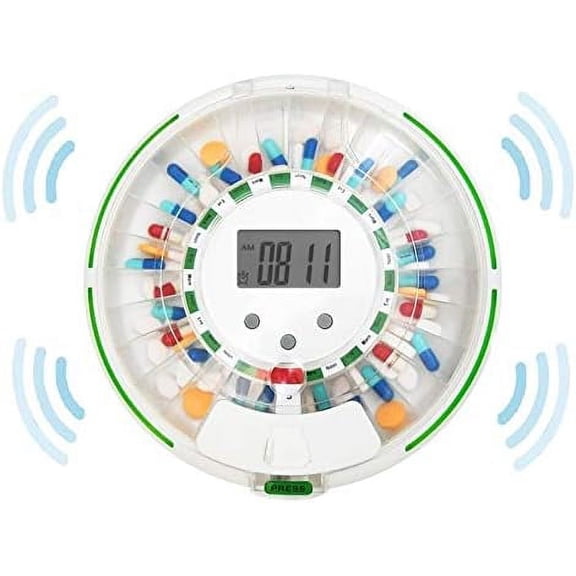Automatic Pill Dispenser – 28-Day Electronic Medication Planner/Organizer – Dispense Up 6 Times/Day – Easy Read Display - Includes Flashing Light, Sound, Alarm and Safety Lock, 9 T