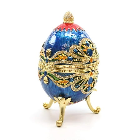 - Faberge Box Enameled Large Blue Egg, 24K Gold Figurines with Swarovski Crystal