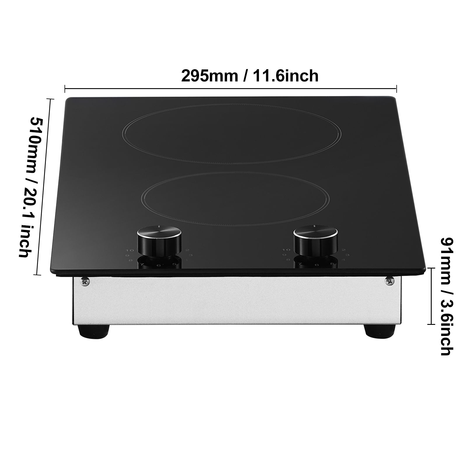 KFFKFF 12-Inch Electric Cooktop, 2-Burner Built-in Ceramic Stove, 3000W Radiant Heating, Glass Surface, Knob Controls, 11 Adjustable Heat Settings, 220-240V, Hardwired Connection (No Plug)