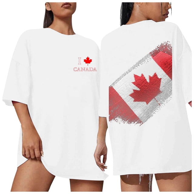 T-Shirt Oversize Femme Feuille d'Érable Patriotique Tops Chaque Canadien Unisexe Col Rond Coton Chemise Femme Blanc TG