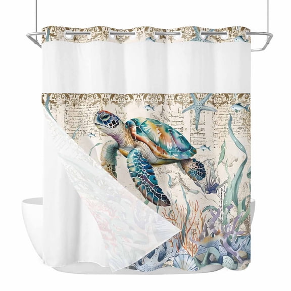 Blue Sea Turtle Coastal No Hook Shower Curtain Waterproof,Bathroom Curtains with Snap in Liners and See Through Top Window,Vintage Summer Beach Coral Ocean Hotel Bathtub Curtains Shower 72"Wx72"L