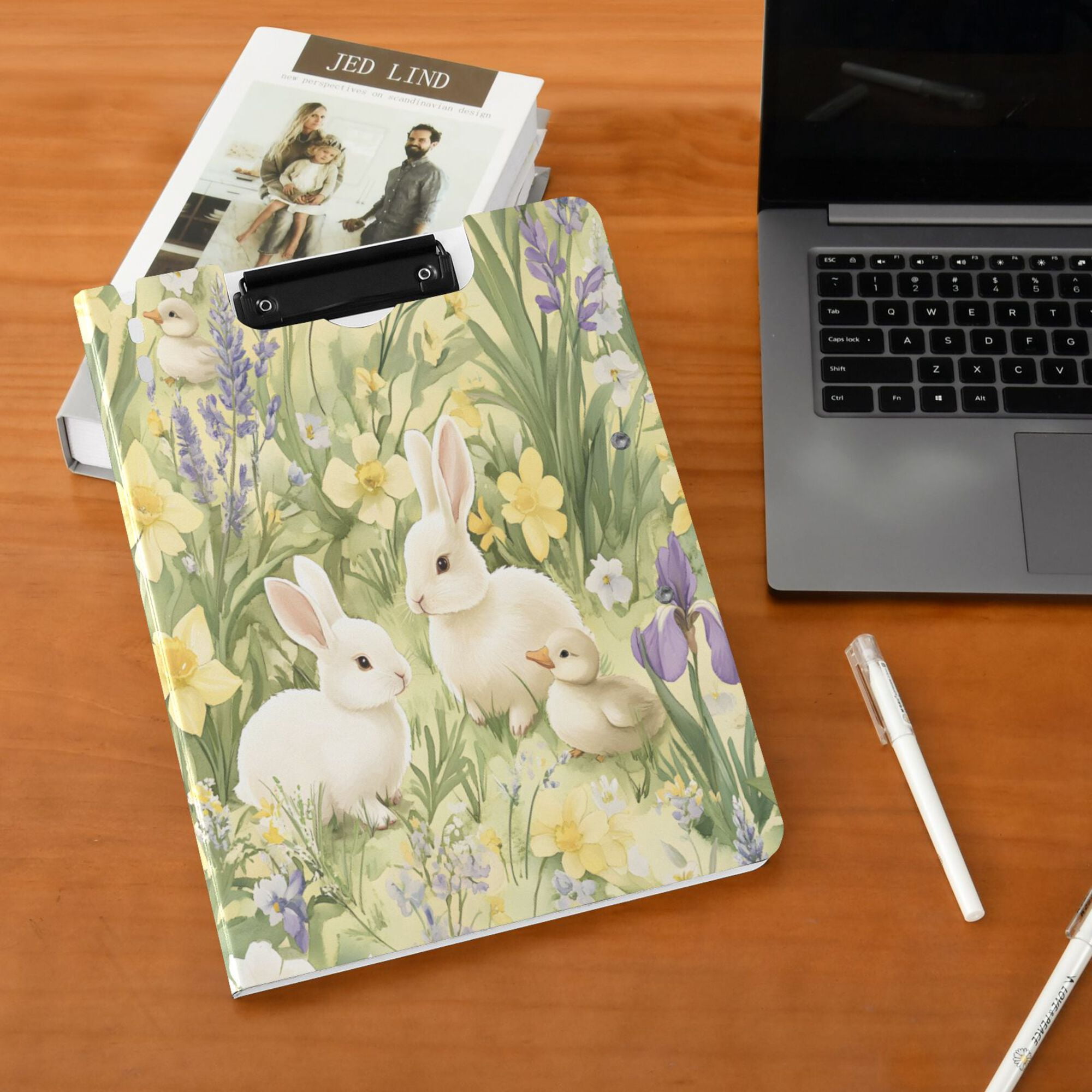 FORMRS A4 Clipboard Folder with Pen Holder Horizontal Foldable School Office Binder, Yellow Floral Rabbit