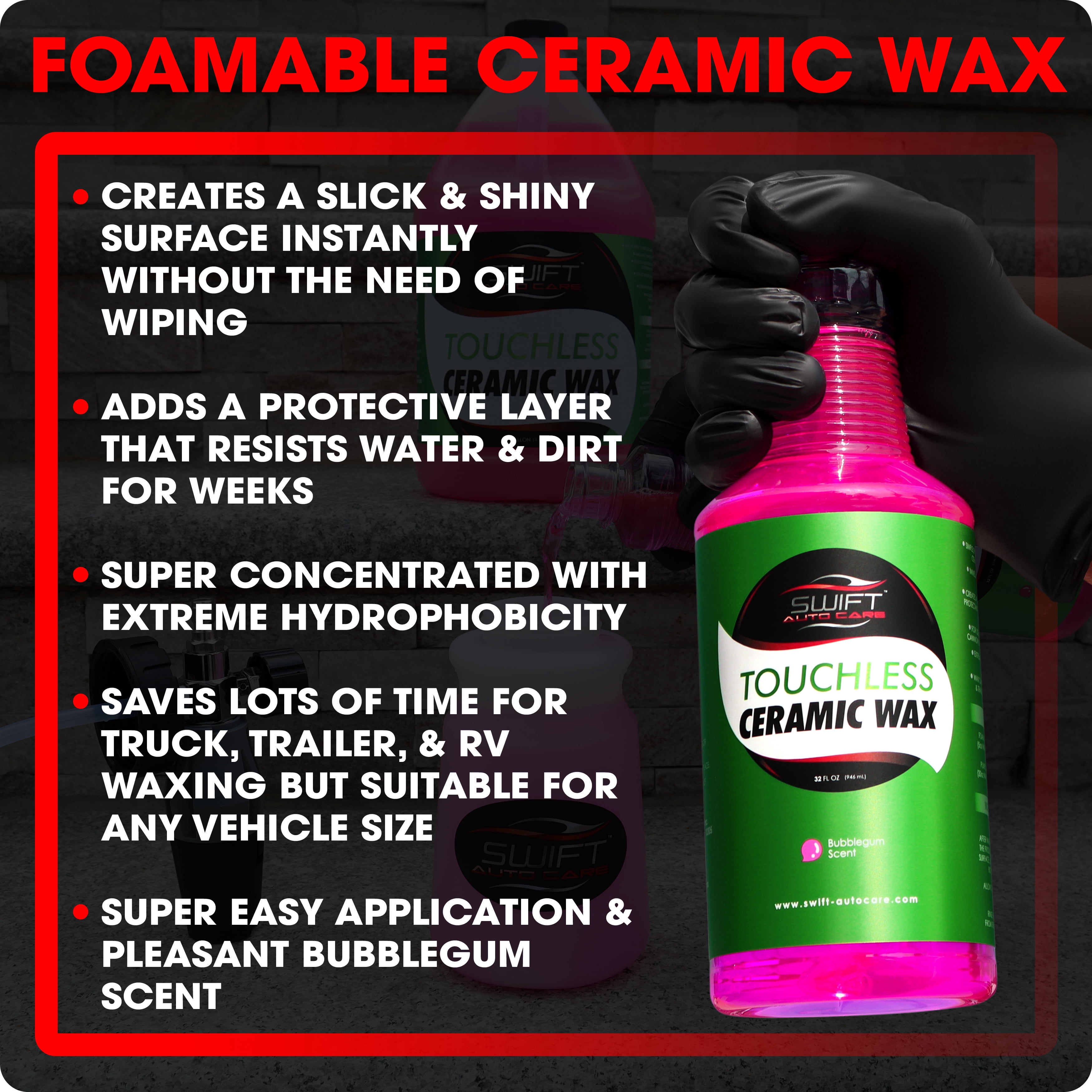 Swift Touchless Ceramic Foamable Wax (1 Gallon) – Spray On/Rinse Off For High-Gloss, Hydrophobic Protective Layer | For Foam Cannon & Foam Pump Sprayer After Car Wash | Wax Cars, Trucks, RV’s & More!