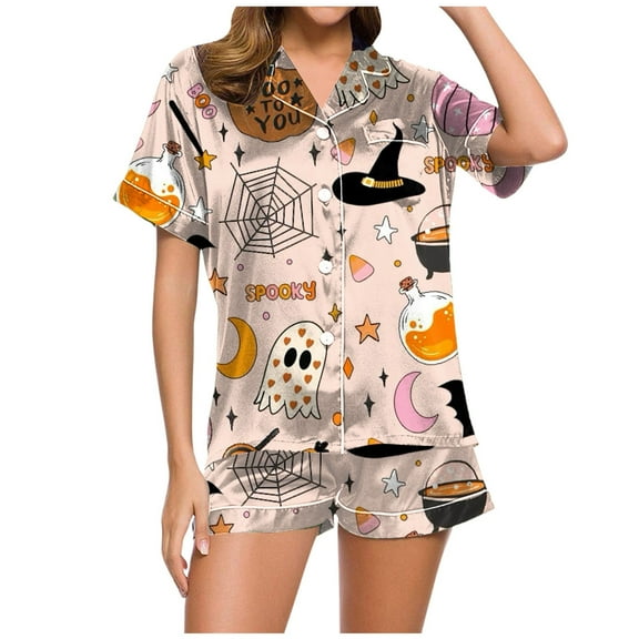 Ulitacool Pajamas For Womens Halloween Short Sleeve Pjs And Shorts Set Button Down Pumpkin Ghost Print Sleepwear Hallowmas Cute Jammies Nightwear Beige L