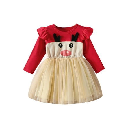 

Toddler Kids Girls Christmas Dress Cartoon Deer Patchwork Fly Long Sleeve Dress Princess Layered Tulle Tutu Dress