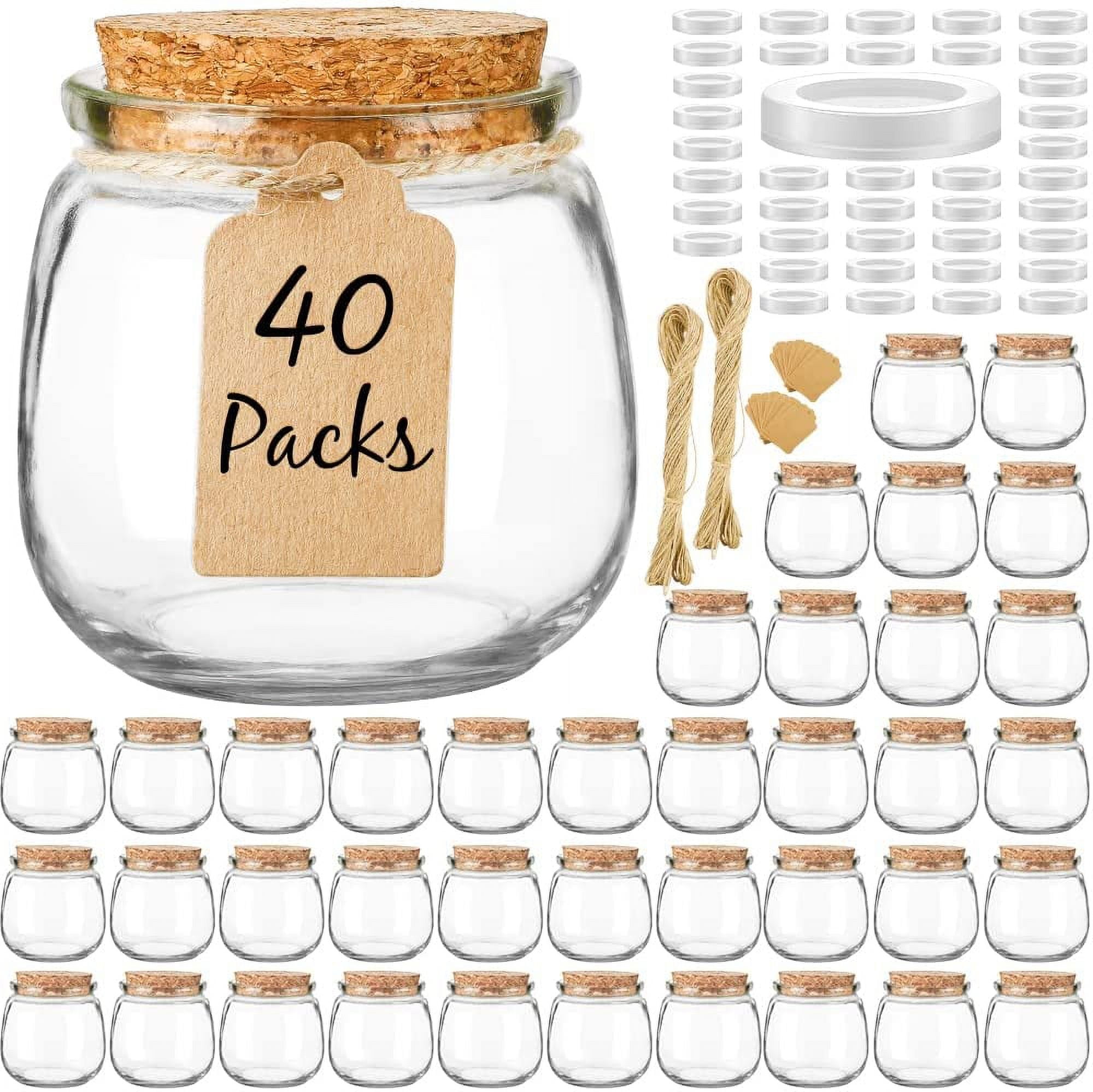 40 Pack Small Glass Jars with Cork Lids, 7oz Empty Mason Jars for Making Candles, Yogurt Container with PE Lids for Wedding Favors, Baby Shower, Candy, Spices with Twine, Labels