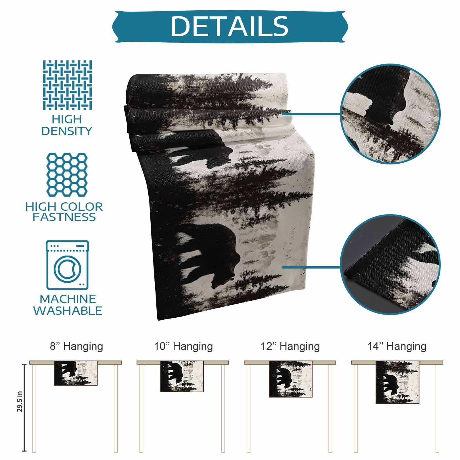 Rustic Bear Table Runner 48 Inches, Vintage Country Wildlife Forest Mountains Bed Runner Dresser Scarves Tabletop for Indoor Outdoor Parties/Ceremony/Banquet, 13" x 48"
