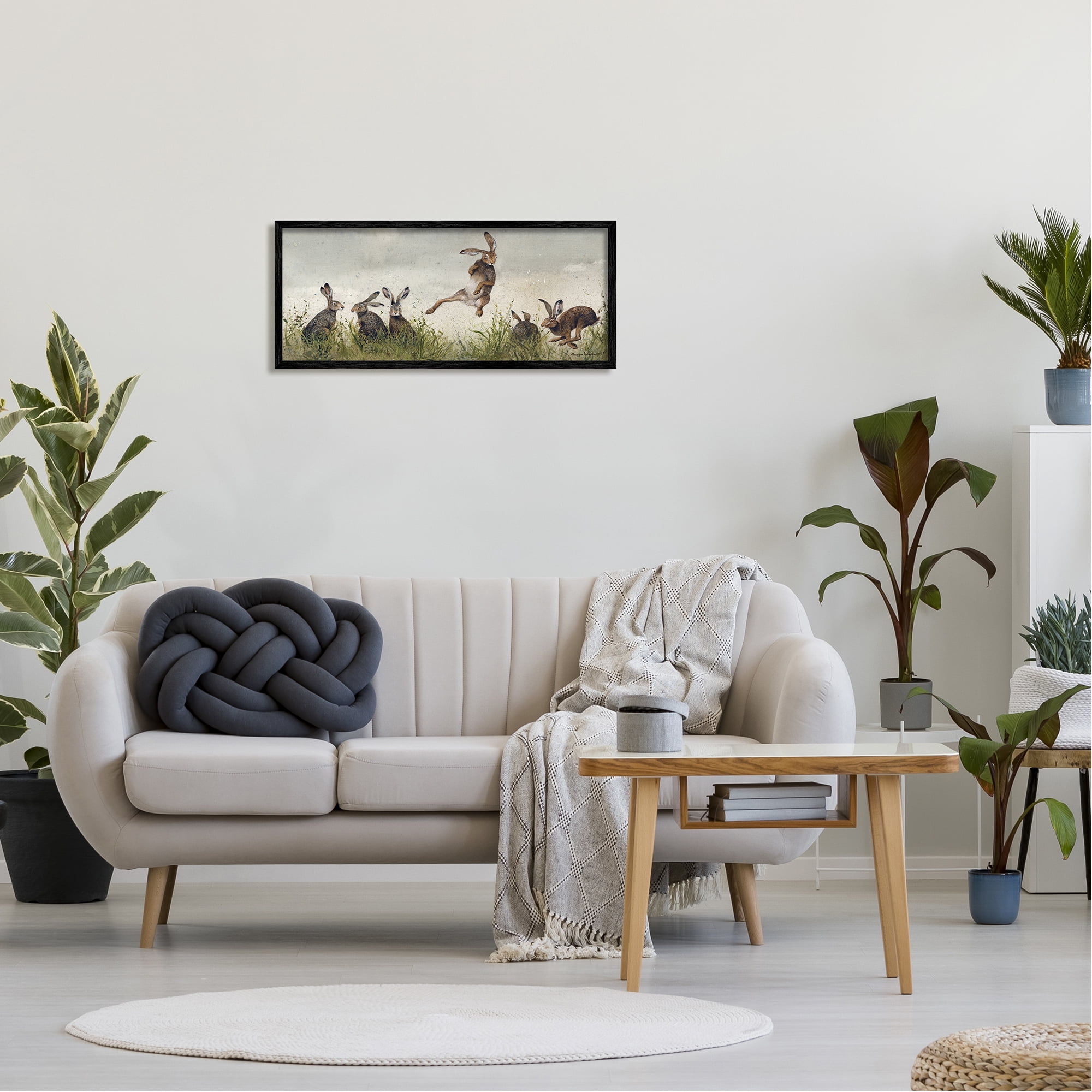 Stupell Industries Jumping Hares in Wild Animals & Insects Painting Black Framed Art Print Wall Art, 30 x 13